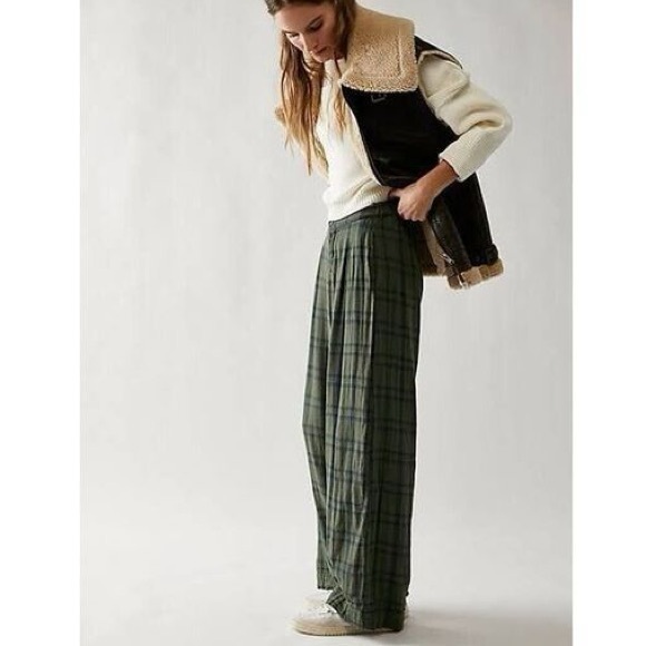 Free People Pants - Free People Green Plaid Trousers NWT Sz S MSRP 220